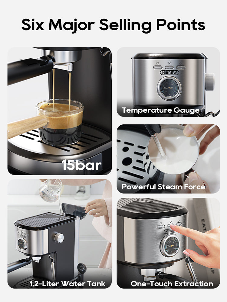 HiBREW H5A Coffee Machine – 15Bar Espresso Maker with One-Touch Extraction & Milk Frother